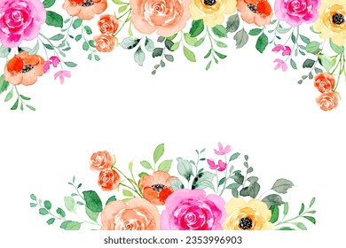 Colorful watercolor rose flower border for wedding, birthday, card, background, invitation, wallpaper, sticker, decoration etc.