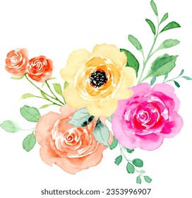 Colorful watercolor rose flower bouquet for background, wedding, fabric, textile, greeting, card, wallpaper, banner, sticker, decoration etc.