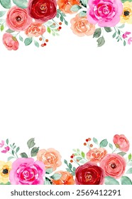 Colorful watercolor roses frame background, vertical floral border.