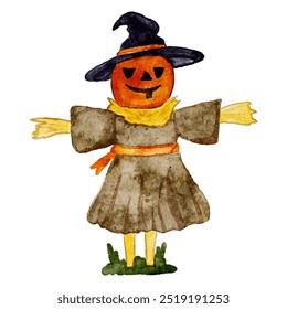 Colorful watercolor scarecrow with a pumpkin head wearing a black hat standing in a grassy field, Halloween style