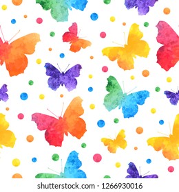 Colorful watercolor seamless pattern with cute butterflies isolated on white background. eps10.