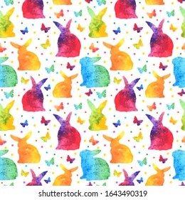 Colorful watercolor seamless pattern with cute rabbits and butterflies isolated on white background. vector eps10.