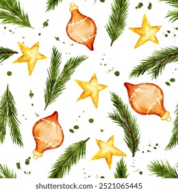 Colorful watercolor seamless pattern with holiday ornaments, stars, and pine on white