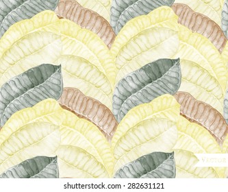 Colorful watercolor seamless pattern with zigzag leaves. Tropical background.