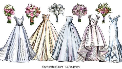 Colorful watercolor set wedding dresses   bouquets  Wedding gowns  Pink  yellow  blue  light blue dresses  Bridesmaids dresses