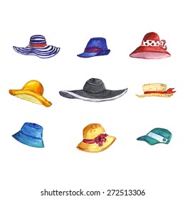 Colorful watercolor set of women hats. Modern colorful summer hats: yellow, red, black and white, stripped blue and orange. Vector illustration