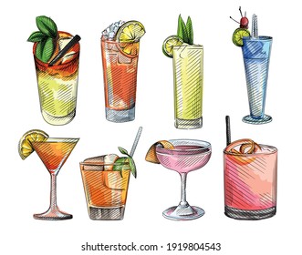 Colorful watercolor sketch set of cocktail drinks. Alcohol beverages. Cocktail drink in highball glass, champagne saucer, rocks glass, shot glass, zombie, balloon wine glass, martini 