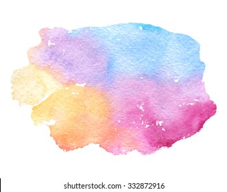 Colorful Watercolor Smudges Brush Painted Isolated Spot On White Background. Abstract Wash Hand Drawn Blue Yellow Orange Pink Violet Purple Vector Illustration. Artistic Paper Texture Design Element