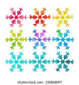 Colorful watercolor snowflakes set. Background for winter, new year and Christmas theme. Vector art illustration. Snowfall icon collection.