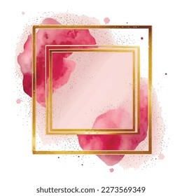 Colorful watercolor splash blot splatter stain with gold glitters and gold frames. Pink red watercolor background. Abstract vector illustration with place for text. Modern hand drawn design on white.