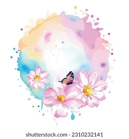 Colorful watercolor splash circle with flowers and butterfly spring summer background for greeting card, postcard, invitation, print, poster decorative design. 