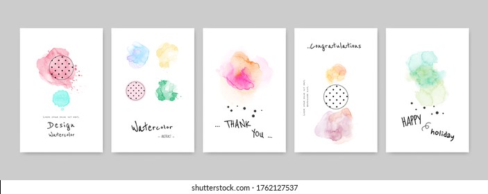 Colorful Watercolor Splash Hand-painted With Cute Card Set. Suitable For Use As A Greeting, Invitation, Cover, Booklet, Brochure, Or Poster.