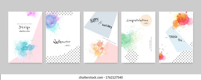 Colorful Watercolor Splash Hand-painted With Cute Card Set. Suitable For Use As A Greeting, Invitation, Cover, Booklet, Brochure, Or Poster.