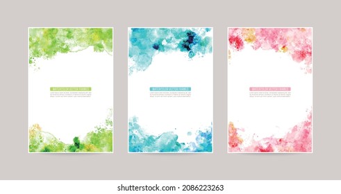 colorful watercolor splash vector background set: card for greetings, invitation, wedding, green, blue, pink
