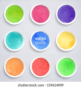 Colorful watercolor stains on round pieces of paper. Vector illustration. Elements for design.  