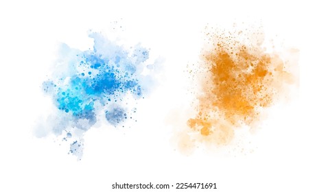 colorful watercolor stains and splashes (blue, orange) with grunge style rough strokes and edges, brush stroke and paint texture - isolated on white background vector illustration