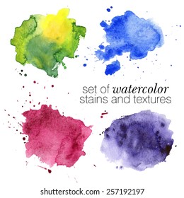 colorful watercolor stains and splashes (blue, green, pink, violet) with rough strokes and edges in grunge style, stroke brush and the paint texture - isolated on white background vector illustration