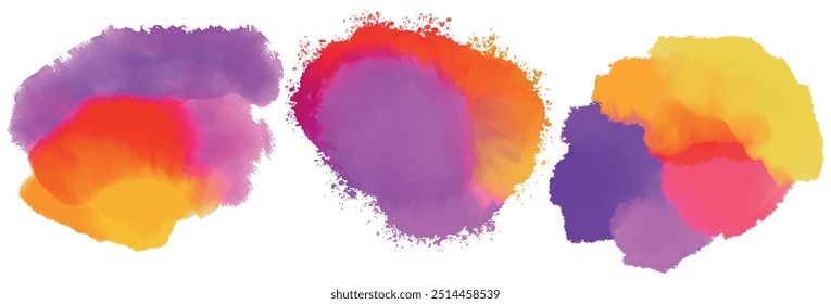 Colorful watercolor stains with splashes. Vector watercolor ink spot with blank circle. Set brush stroke on paper texture. Rainbow coloured shades. Abstract powder explosion splatted trace background.