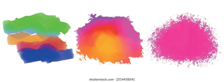 Colorful watercolor stains with splashes. Vector watercolor ink spot with blank circle. Set brush stroke on paper texture. Rainbow coloured shades. Abstract powder explosion splatted trace background.