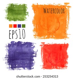 colorful watercolor stains (violet, red, green, orange) - squares with rough strokes and edges in grunge style, stroke brush and the paint texture - isolated on white background vector illustration