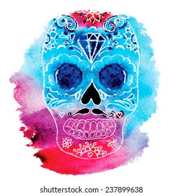 Colorful watercolor sugar skull. Day of The Dead Skull with floral ornament. Mexican sugar skull.