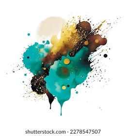 Colorful watercolor textured splash blot splatter stain with gold glitters. Watercolor brush strokes. Beautiful trendy hand drawn vector illustration. Isolated modern design on white background. 