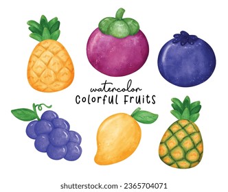 Colorful Watercolor Tropical Fruits Illustration, Hand-Drawn Exotic Fruit Collection in Vibrant Watercolors featuring juicy mangoes, pineapples.