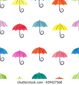 Colorful watercolor umbrellas seamless pattern. Vector background with abstract umbrellas isolated on white. 