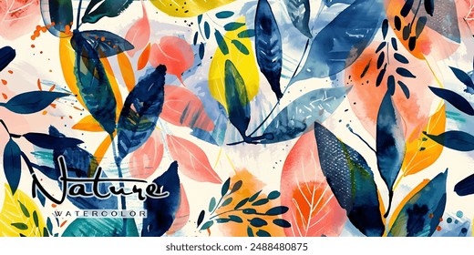 Colorful watercolor vector abstract leaf pattern, Modern abstract floral shapes pattern. Collage contemporary print. Fashionable template for design.