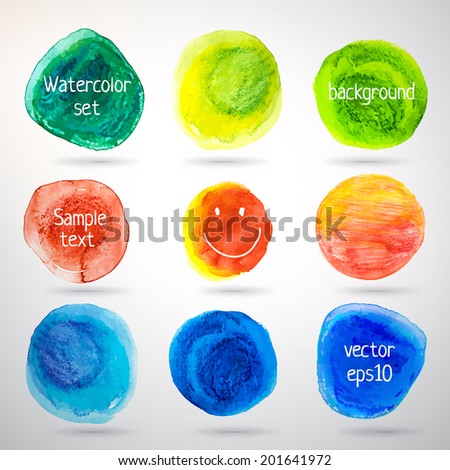 Colorful watercolor vector circles set. Abstract drawing decor. Green, red, blue color of paper.