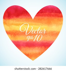 Colorful watercolor vector heart. Striped gradient fill - orange, pink, yellow. Valentines day background. Hand drawn template. Flame, sunset colors.