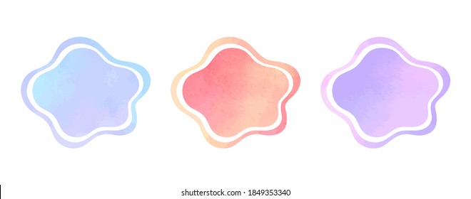 Formas redondeadas de vectores de acuarela coloridas, conjuntos de marcos fluidos. Tela azul gradiente, lila, color de agua rosa. Elementos de diseño gráfico pintado a mano, colección de fondos de texto. 