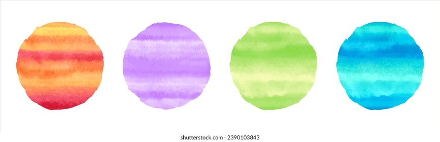 Colorido de color de agua vectorial rayado círculos de gradiente, colección de acuarelas. Aquarelle púrpura, verde, manchas anaranjadas con fondo pintado a mano, marcos de texto redondos. Un arte desigual con un borde adornado.