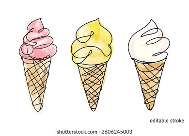 Colorful watercolor vector of three ice cream cones in pink, yellow, and white shades on white background with minimalist style emphasizing different flavors. Ice cream watercolor vector concept.