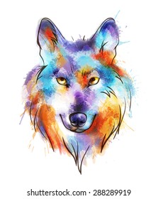 Colorful watercolor wolf's head