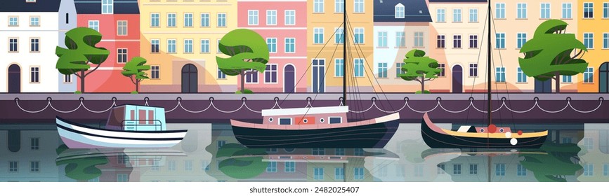 Colorful waterfront scene with boats docked along a canal lined with vibrant buildings and lush trees reflecting in the water