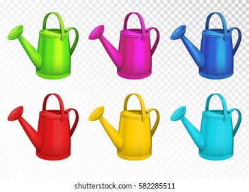 Colorful watering cans set isolated on transparent background. Vector illustration.