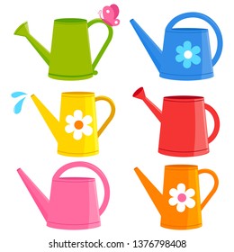Colorful watering cans set. Vector illustration collection.