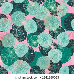 Colorful waterlily leaves in a tropical, exotic style. Seamless vector pattern or background. Ideal for home decor, fabric, paper goods, packaging.