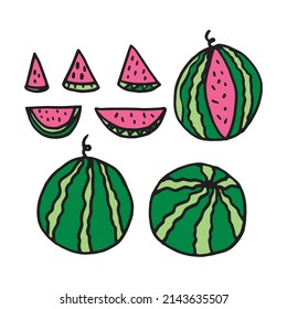 Colorful watermelon doodle set. Simple hand-drawn vector.