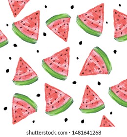 Colorful watermelon seamless pattern. Hand drawn slices of watermelon isolated on white background. Summer vector illustration