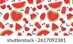 Colorful watermelon seamless pattern with slices, popsicles, cubes, and fun shapes for summer designs, stickers, prints, social media, party invitations. Summer fruit collection