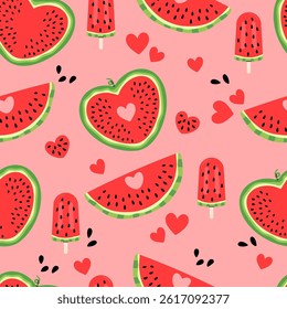 Colorful watermelon seamless pattern with slices, popsicles, cubes, and fun shapes for summer designs, stickers, prints, social media, party invitations. Summer fruit collection