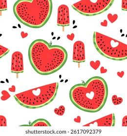 Colorful watermelon seamless pattern with slices, popsicles, cubes, and fun shapes for summer designs, stickers, prints, social media, party invitations. Summer fruit collection