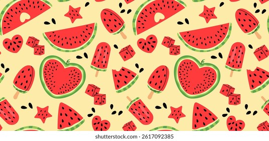 Colorful watermelon seamless pattern with slices, popsicles, cubes, and fun shapes for summer designs, stickers, prints, social media, party invitations. Summer fruit collection
