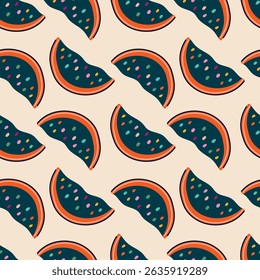 Melancia Colorida Ilustração Vetor Padrão Sem Costura. Ilustração vetorial com um padrão de melancia sem costura com cores vibrantes e pontos divertidos. Perfeito para design de tecido, embalagem e su