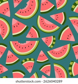Colorful Watermelon Slices Pattern on Teal Background, Fruit Design
