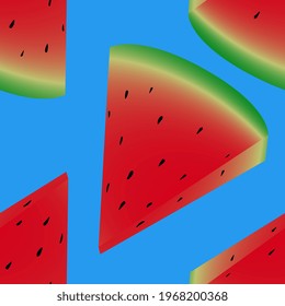 Colorful watermelon slices. Summer vibes. Original creative illustration. Digital art. Grocery store graphic design. Wrapping paper. Fruit. Vitamins. Vegan. Endless repeatable pattern.