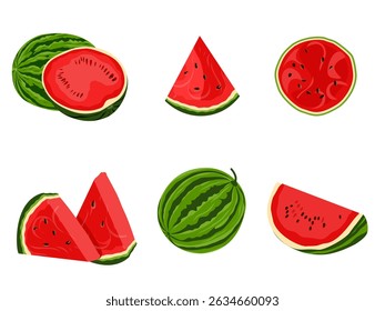 colorful watermelon vector set including whole fruit, slices, halves, and wedges. Perfect for summer, tropical themes, food packaging, and healthy lifestyle designs.