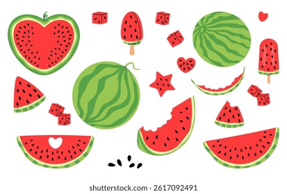 Colorful watermelon vector set with slices, popsicles, cubes, and fun shapes for summer designs, stickers, prints, social media, party invitations. Summer fruit collection